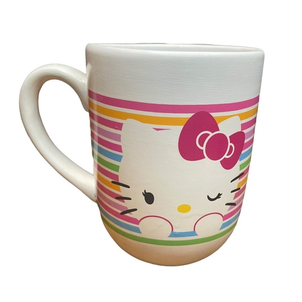 Sanrio Winking Hello Kitty Mug Stripes Multi Color 2013 Cute Coffee‎ Tea 16oz